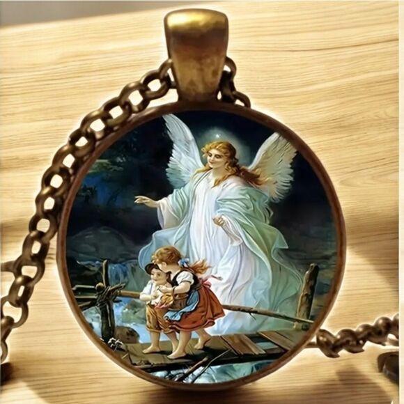 Guardian Angel Famous Painting Round Glass Cabochon Pendant Nostalgic Necklace - Picture 1 of 5